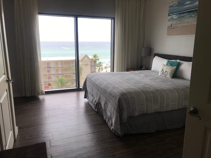 Bedroom with a Gulf view in corner studio 1238 in Panama City Beach